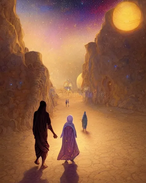 Image similar to bedouin man and woman and child in galaxy walking towards mosque surrounded by nebula, highly detailed, gold filigree, romantic storybook fantasy, soft cinematic lighting, award, disney concept art watercolor illustration by mandy jurgens and alphonse mucha and alena aenami, pastel color palette, featured on artstation