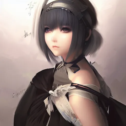 Image similar to A realistic anime portrait of a beautiful 2B from Nier Automata with a human face wearing a kimono, digital painting, by Stanley Artgerm Lau, WLOP, and Rossdraws, digtial painting, trending on ArtStation, deviantart