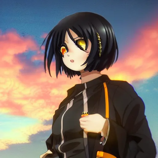 Image similar to black - haired anime girl, 1 7 - year - old anime girl with long bob cut, gothic jacket, golden hour, partly cloudy sky, red clouds, orange sky, strong lighting, strong shadows, vivid hues, ultra - realistic, sharp details, subsurface scattering, intricate details, art by artgerm, greg rutkowski, 2 0 1 9 anime screenshot