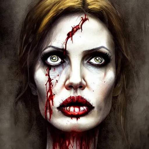 Prompt: a zombie Angelina Jolie, by WLOP, horror, wounds, bloody, dark fantasy, trending on artstation