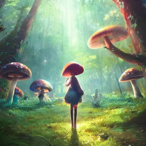 Prompt: a cute picnic in a mushroom forest. dramatic lighting, cgsociety masterpiece, artstation trending, by rossdraws, ghibli, Kimi no Na wa, greg rutkowski, 4k, digital art, concept art, trending on artstation