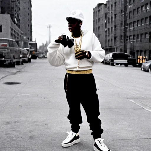 Image similar to 1985 the Bronx in New York. A photographic portrait of a tough rapper wearing a white jogging and white Adidas sneakers and a lot of gold necklace and a white sun hat and holding a gun and a getthoblaster. Gang vibes. Kodachrome. High quality press photography. A bit out of focus. 120mm. Washed out colors. Picture taken in the street of the Bronx. Summer day