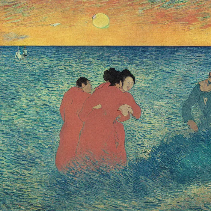 Image similar to close view of woman and man kissing. tsunami great wave, sun setting through the storm clouds. iridescent, vivid psychedelic colors. painting by henri de toulouse - lautrec, utamaro, monet, gauguin