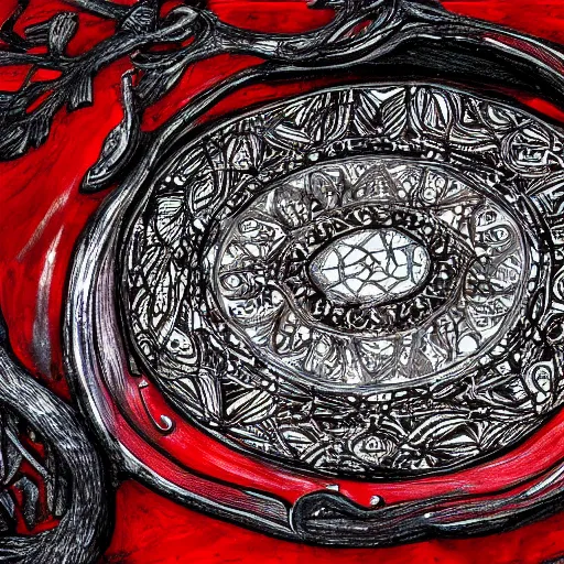 Image similar to a red and black cystal in the wood table in digital in art intricate, fantasy