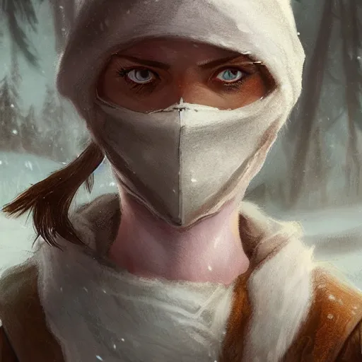 Image similar to snow bandit from ‘ icewind dale ’ with a frost gem mask, ‘ icewind dale 2 ’ profile portrait by ‘ justin sweet ’, falling snow, soft focus, illustration, oil paint, artstation