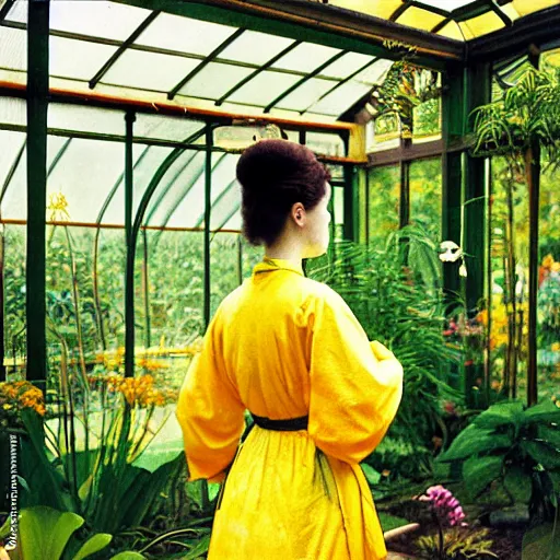 Image similar to Photograph. Film still. of a young woman!!! wearing a yellow kimono in a tropical greenhouse, by Carl Larsson Extremely detailed. 4K. 35 mm lens