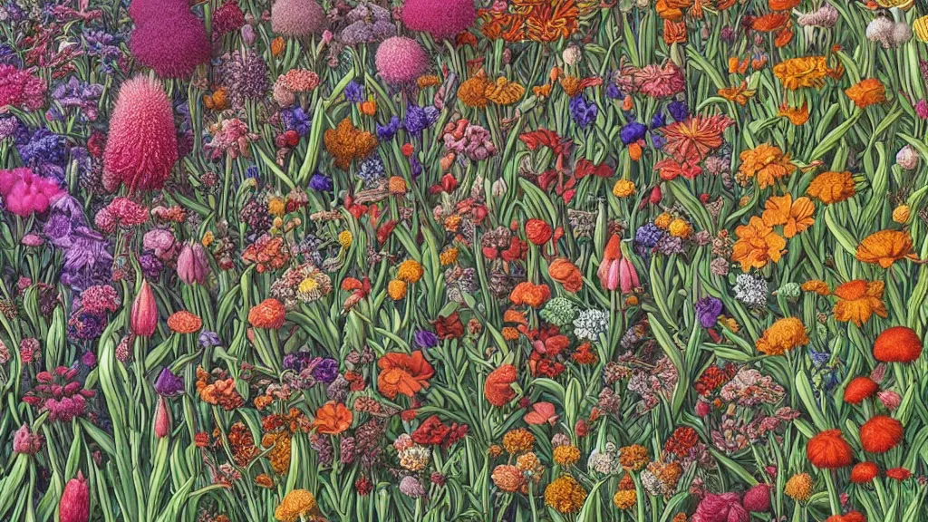 Prompt: highly detailed render of all the known species of plants and flowers by juan gatti, by moebius!, by oliver vernon
