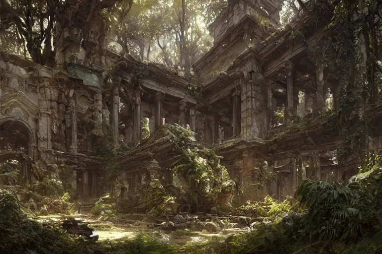 Image similar to painting of sacred ancient cursed ruins, forest, concept art, intricate details, eerie, highly detailed, photorealistic, octane render, 8 k, unreal engine. art by artgerm and greg rutkowski and alphonse mucha