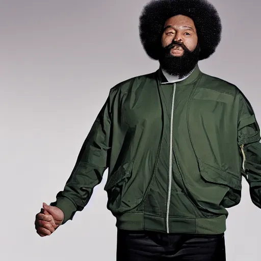 Image similar to photograph of a gigantic black man with afro hair and beard stubble wearing an adidas army green jacket, looming over dublin