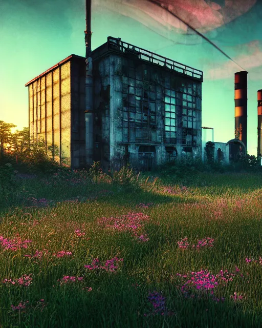 Image similar to a beautiful photorealistic render of urbex urbex industrial architecture by eugene boudin, futuristic otherworldly vaporwave darkacademia alien nature sunset biopunk meadow flowers lake, archdaily, wallpaper, highly detailed, trending on artstation.