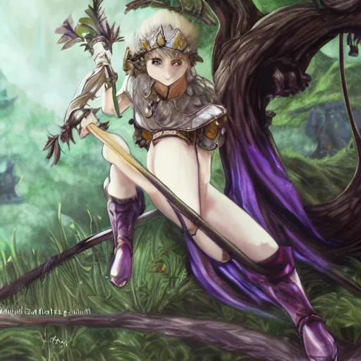 Prompt: a female knight resting in a glade, vanillaware artwork, dragon's crown concept art