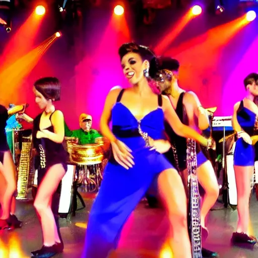 Image similar to latin dance band in the style of natalia agatte. lively. colorful. hd.