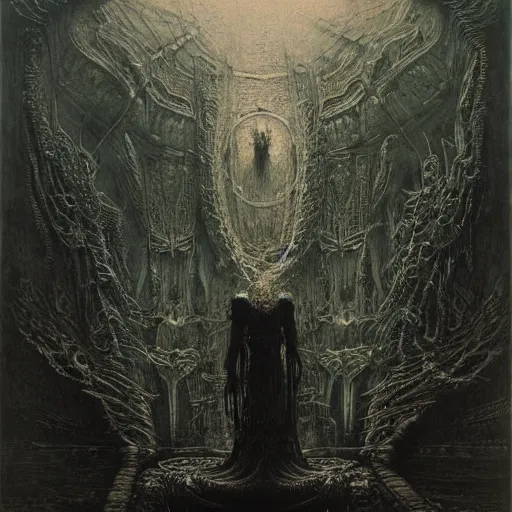 Image similar to cyberpunk dreaming by gustave dore and gustave moreau and beksinski and giger