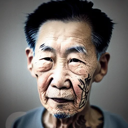 Image similar to a portrait of centenarian justin sun with qrcode tattoo on face in prison looking through the laser of his cell, by annie leibovitz, shallow depth of field, cinematic lighting, colorful dystopian futurism