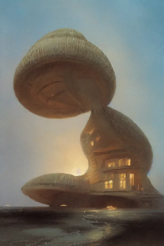 Image similar to painting of a giant seashell house where a young girl lives by john harris, atmospheric, concept art