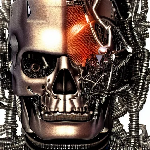 Prompt: super detailed portrait of a terminator's head, packed with cybernetics and and borg enhancements