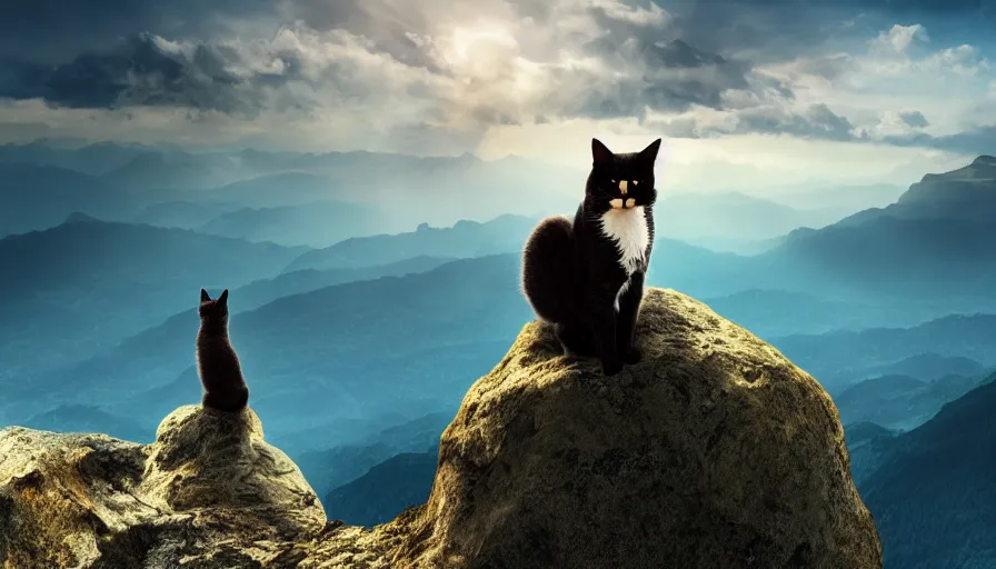 Image similar to a cat standing on the peak of a mountain range, looking far, digital art, epic lighting, epic composition, 4 k