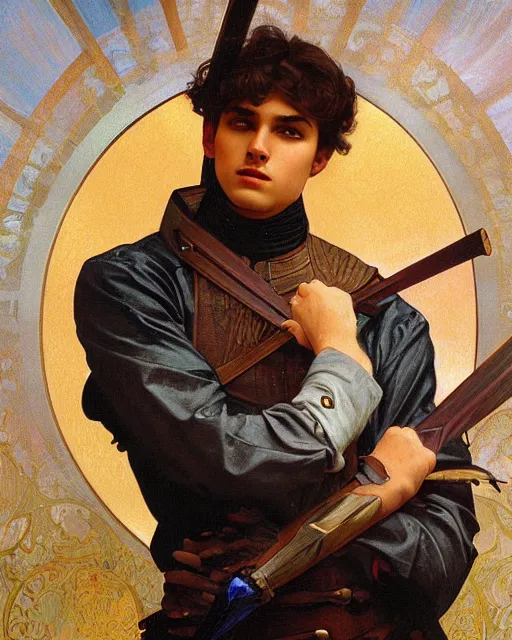 Prompt: Hyper realistic painting of a lean built young man in his twenties holding a rapier, sharp face, handsome, dark hair, fantasy art, by Alphonse Mucha, rich deep moody colors