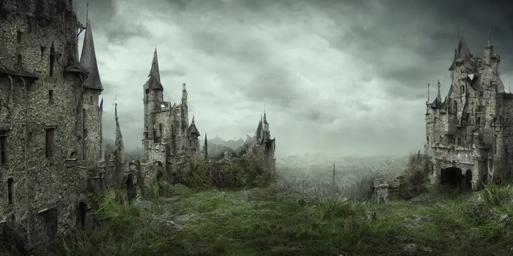 Image similar to matte painting, castle, dramatic landscape, overgrown, cinematic, overcast