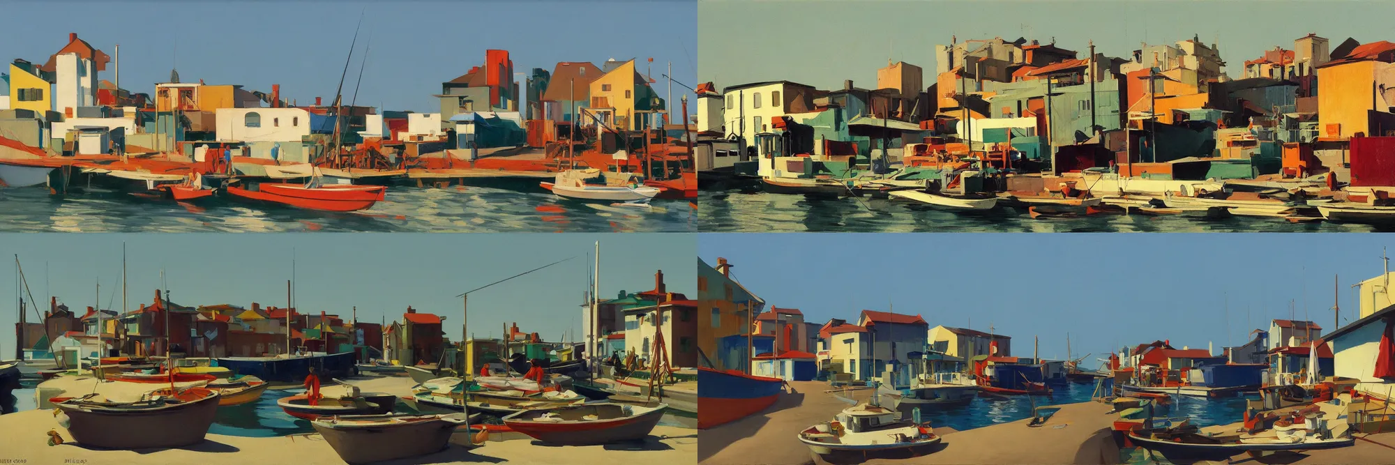 Prompt: a small fishing village by the portside, painting by Syd Mead, Edward Hopper and William Eggleston and Peter Chan