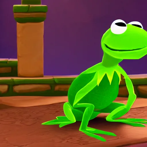 Image similar to screenshot of a kermit the frog as an npc in spyro the dragon video game, with playstation 1 graphics, activision blizzard, upscaled to high resolution