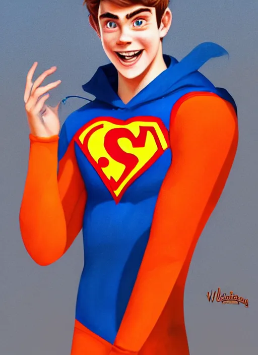 Image similar to friendly teenage archie andrews wearing an orange superhero costume with heart logo, heart, freckles, blue cape, heart emblem on chest, blue cape, intricate, elegant, glowing lights, highly detailed, digital painting, artstation, sharp focus, illustration, art by wlop, mars ravelo and greg rutkowski