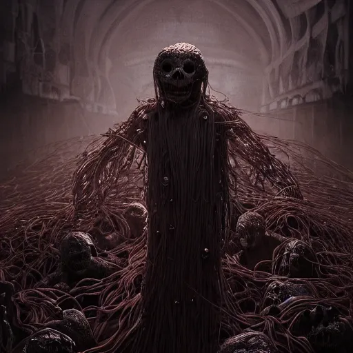 Image similar to a strange eerie scary shadowy figure made of spaghetti, surrounded by demons, mysterious, horror, concept art, detailed, award - winning, cinematic, octane render, 8 k, photorealistic, by emil melmoth, by wayne barlowe