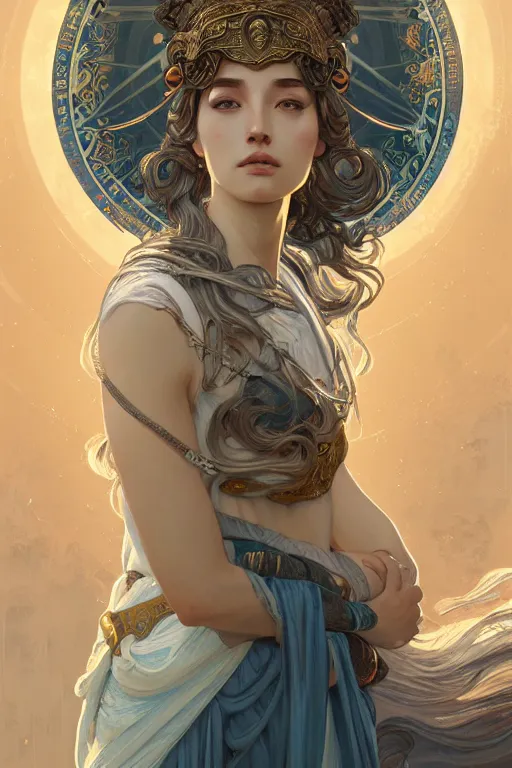 Image similar to portrait goddess athena, in ruined Agora of Athens Sunrise, ssci-fi and fantasy, intricate and very beautiful and elegant, highly detailed, digital painting, artstation, concept art, smooth and sharp focus, illustration, art by tian zi and WLOP and alphonse mucha