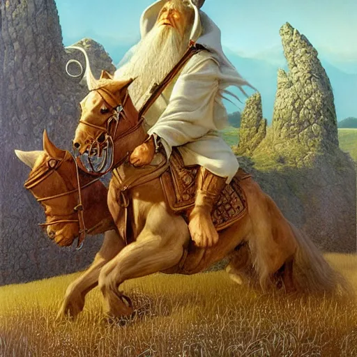 Image similar to Highly detailed oil painting of Gandalf the White riding a dachshund, intricate artwork by Angus McBride, John Howe, Matthew Stewart, Ted Nasmith, heroic fantasy