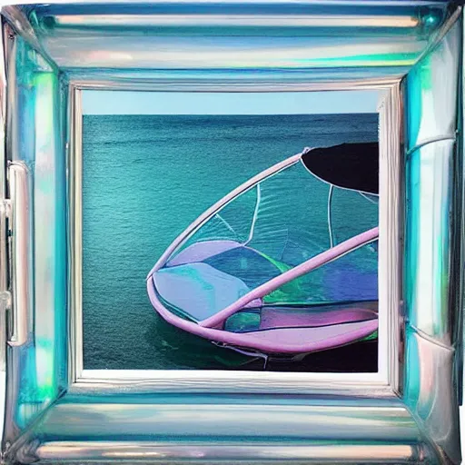 Image similar to a pastel colour high fidelity Polaroid art photo from a holiday album at a seaside with abstract inflatable parachute furniture, all objects made of transparent iridescent Perspex and metallic silver, no people, iridescence, nostalgic