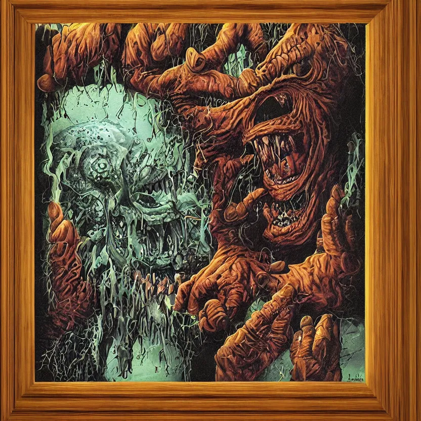 Image similar to a monster reaching through a framed painting. goosebumps cover art by tim jacobus, richard corben. pulp horror art.