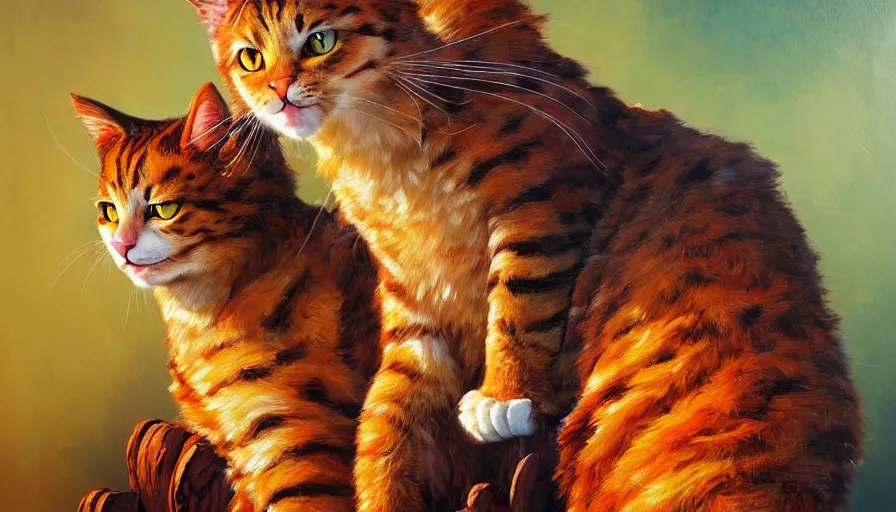 Image similar to highly detailed contemporary acrylic painting of really tall sitting cats by justin gerard, thick brush strokes and visible paint layers, vivid multicolor scheme