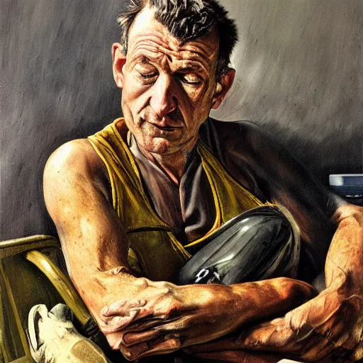 Image similar to high quality high detail painting by lucian freud, hd, portrait of a mechanic tired of work, photorealistic lighting