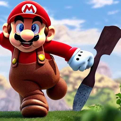 Prompt: Toad mushroom head mario character running at a grizzly bear with an axe