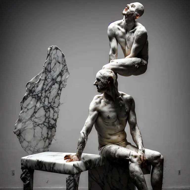 Image similar to a sculpture of a person sitting on top of a chair, a white marble sculpture by nicola samori, behance, neo - expressionism, marble sculpture, apocalypse art, made of mist