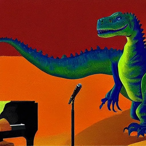 Image similar to “dinosaur singing karaoke detailed trex happy podcast national geographic figure dramatic lighting proportional symmetrical minimalism Edward Cooper Matisse digital art oil painting”