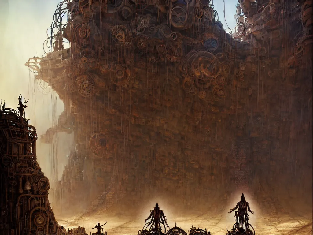 Image similar to A magical male-shaman in shamanistic robes performs a ritual to resurrect a mechanical horse inside a ancient steel ruins are covered with barchans of sand. Art by Finnian MacManus, Simon Stalenhag, Arthur Rackham. Masterpiece, fantasy art, cinematic, hyperdetailed, sigils, photorealistic, cyberpunk, postapocalyptic, steampunk, hyperrealism, octane render, 8k