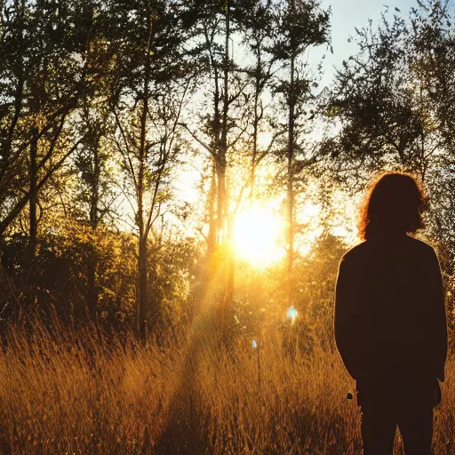 Image similar to a still of a 20's something man hippie standing in a large field of living plants. Magic hour, backlit, lens flare, smoke in the air.