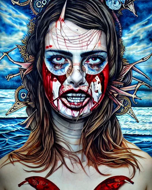 Prompt: a tarot card portrait horror and blood with sea and ocean intricate details by Sandra Chevrier