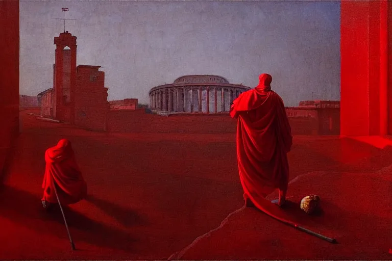 Image similar to only with red, caesar after war, the deal, a red tiger, in hoc signo vinces, rome in background, an ancient path, in the style of beksinski, part by hopper, part by rodcenko, part by hofbauer, intricate composition, red by caravaggio, insanely quality, highly detailed, masterpiece, red light, artstation