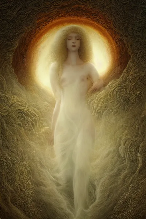 Prompt: Intricate stunning highly detailed pale skinned ethereal being by agostino arrivabene and Vladimir Kush, surreal, digital painting, ultra realistic, Horror vacui, dramatic lighting, full moon, thick black swirling smoke tornado, burning fire embers, artstation