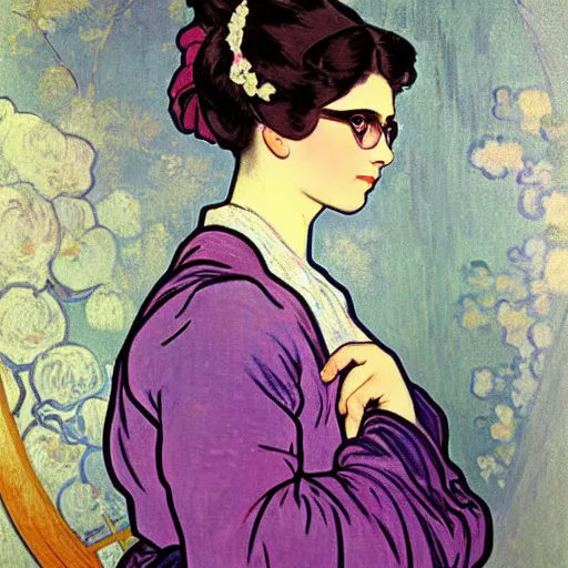 Prompt: portrait painting of young dark haired tan! glassless! woman named kyra with purple haired glasses! wearing woman named kaelyn together at the rose party, elegant evening gowns!, pretty clothing!, modest, clear, stylized, art by alphonse mucha, vincent van gogh, egon schiele