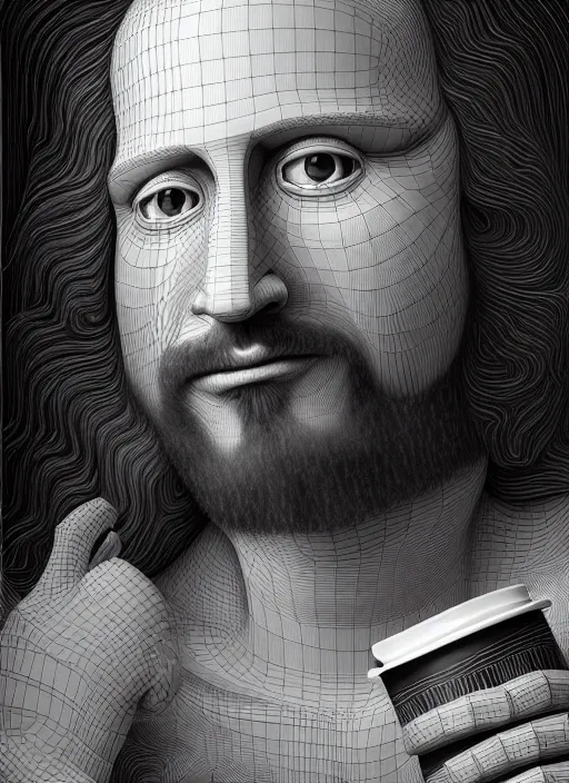 Prompt: hyper detailed 3d render like an Oil painting - Portrait of Jesus Christ drinking coffee by Jacek Yerka, Mariusz Lewandowski, Houdini algorithmic generative render, Abstract brush strokes, Masterpiece, Edward Hopper and James Gilleard, Zdzislaw Beksinski, Mark Ryden, Wolfgang Lettl, hints of Yayoi Kasuma, octane render, 8k