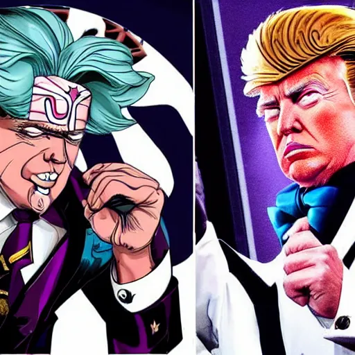 Prompt: Donald trump as jotaro kujo in jojo’s bizarre adventure, his stand is Obama as Star platinum, manga page