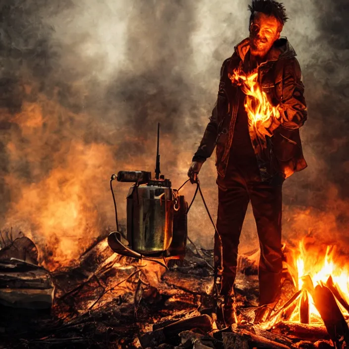 Image similar to gritty apocalyptic man smirking holding gas can next to a campfire, octane render, 4 k ultra hd, hyper - detailed, seedy lighting, sharp focus, fantasy dark art