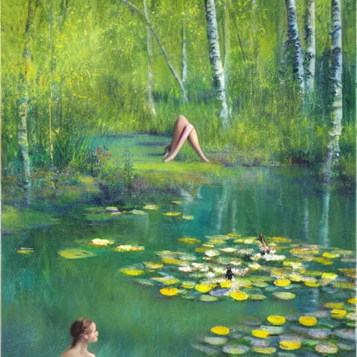 Image similar to painting of a beautiful nymph bathing in a shallow pond, obscured by water lilies, aspen grove in the background, by Jeremy Mann, stylized, detailed, loose brush strokes, pastel colors, green and yellow tones