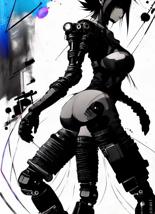 Image similar to hyper - realistic cyberpunk anime woman wearing inline skate, tokyo street, extreme detail, good face, model, concept art, in style of yoji shinkawa, pan ren wei, col price, atey ghailan, by greg rutkowski, by greg tocchini, by james gilleard, by joe fenton, by kaethe butcher, aesthetic