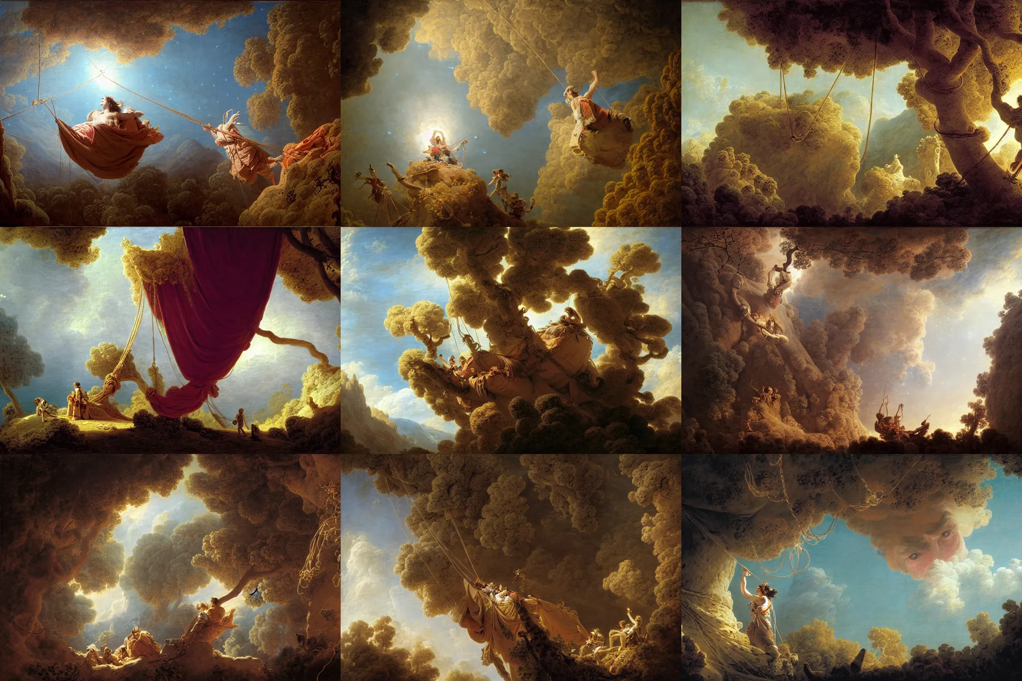 Prompt: capturing giant gulliver with ropes, dry trees, purple drapery, hanging tarp ceiling showing the stars, stoic, light dust, magnificent, hyperdetailed, theatrical, close up, masterpiece, painted by jean honore fragonard and greg rutkowski