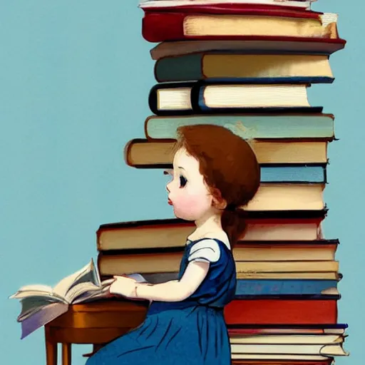 Image similar to a cute little girl with a round cherubic face, blue eyes, and short wavy light brown hair sitting on top of a stack of books. beautiful cartoon painting with flat colors and highly detailed face by quentin blake and greg rutkowski