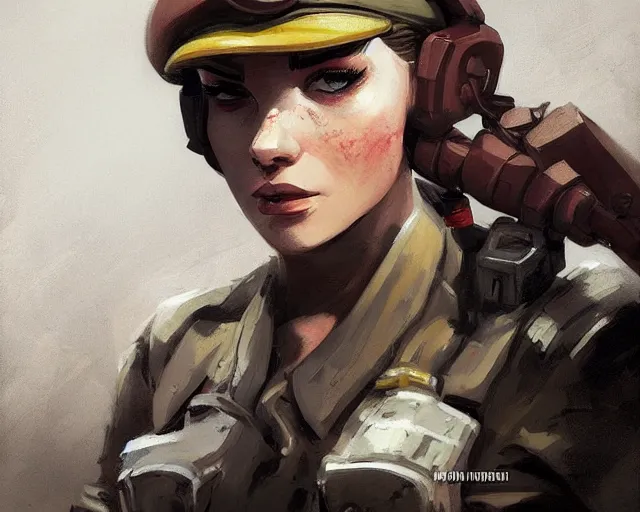 Image similar to portrait of a buff female ww ii soldier in team fortress 2 style, epic, tragic, dark fantasy art, fantasy, pretty, hd shot, digital portrait, beautiful, artstation, comic style, by artgerm, guy denning, jakub rozalski, magali villeneuve and charlie bowater